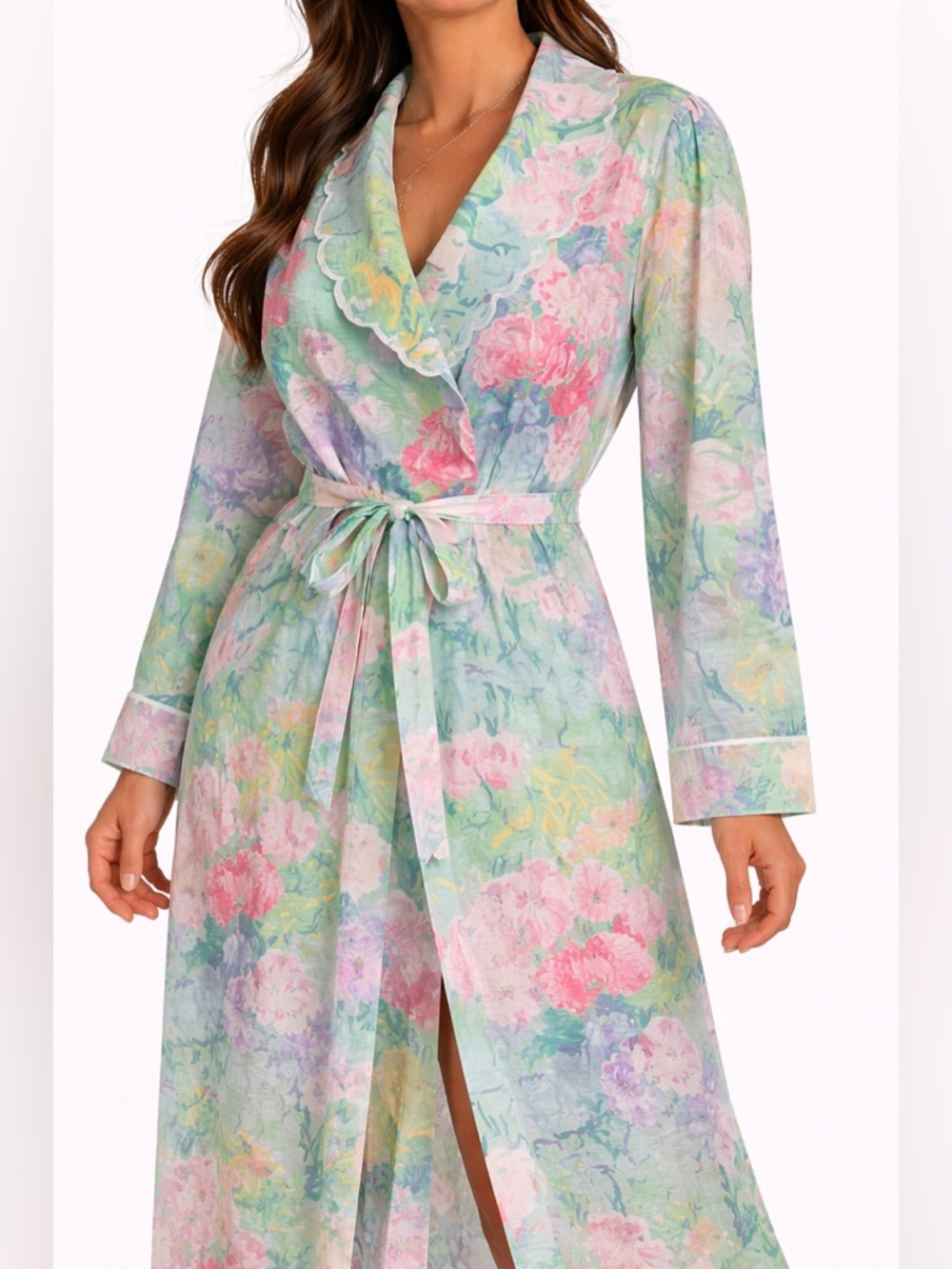 Vintage Saybury Pastel Floral Sheer Belted Lounge Robe Duster